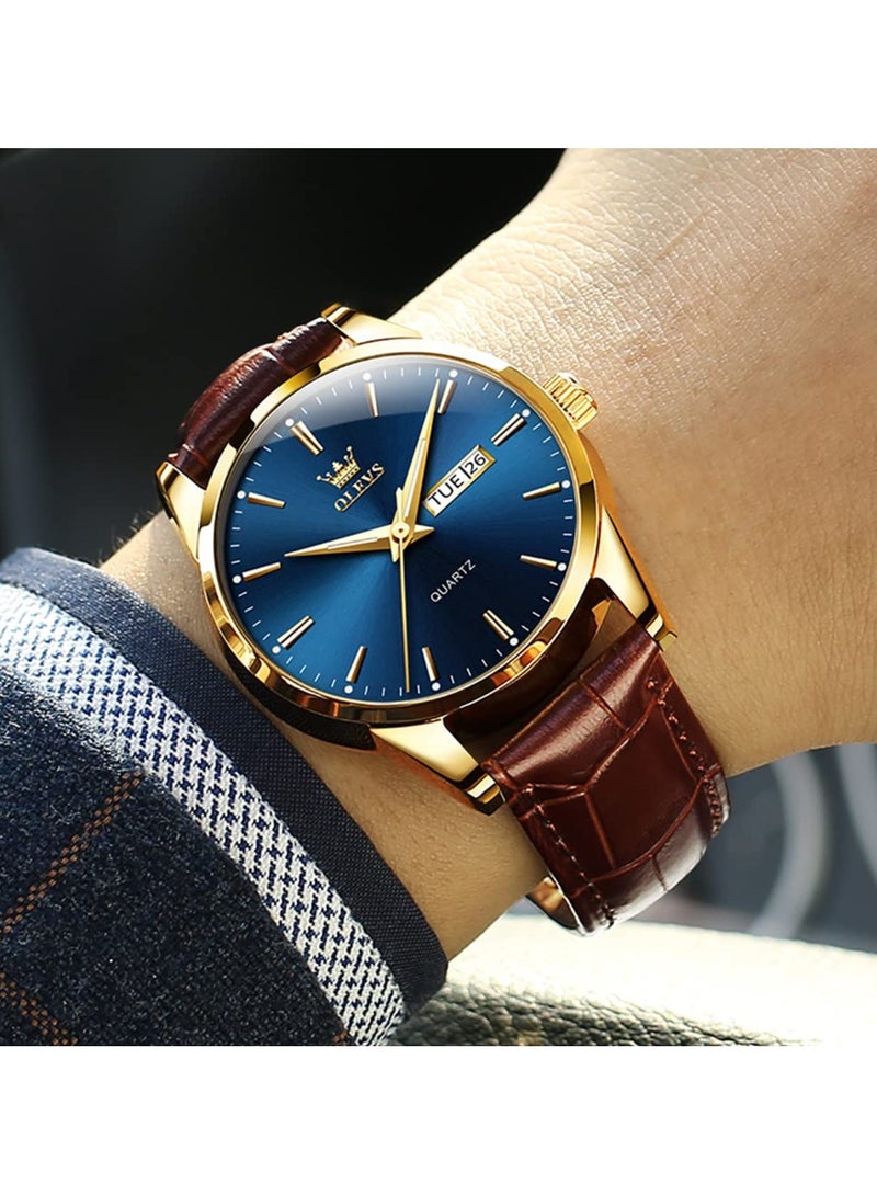 OLEVS Men's Analog Quartz Watches, Leather Strap with Day Date, Waterproof Stainless Steel Wrist Watch, Luminous Watches for Men, Fashion, Leisure - Image 2