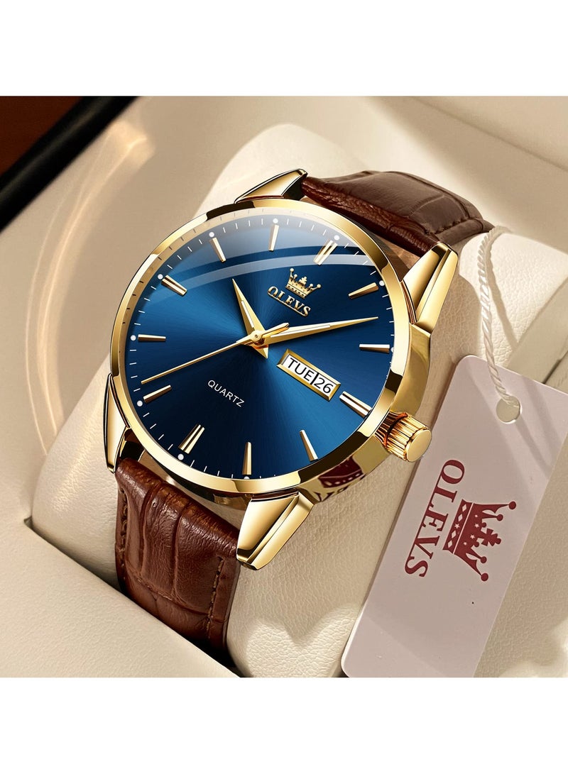 OLEVS Men's Analog Quartz Watches, Leather Strap with Day Date, Waterproof Stainless Steel Wrist Watch, Luminous Watches for Men, Fashion, Leisure - Image 3