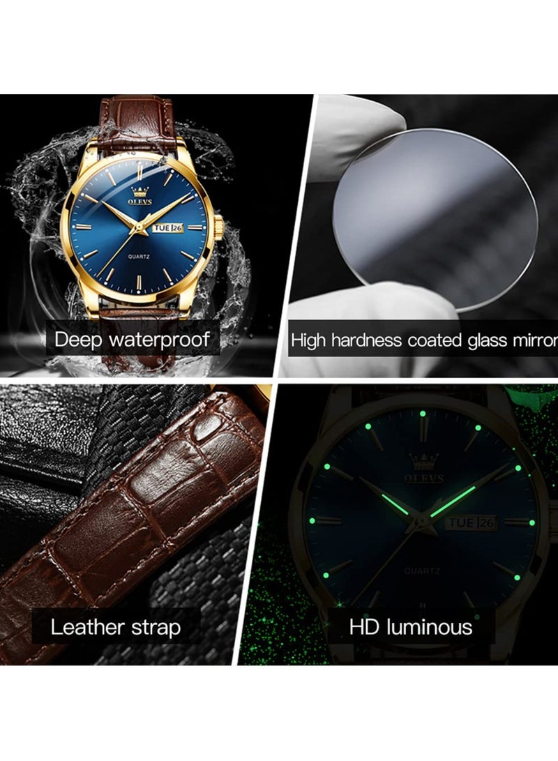 OLEVS Men's Analog Quartz Watches, Leather Strap with Day Date, Waterproof Stainless Steel Wrist Watch, Luminous Watches for Men, Fashion, Leisure - Image 4