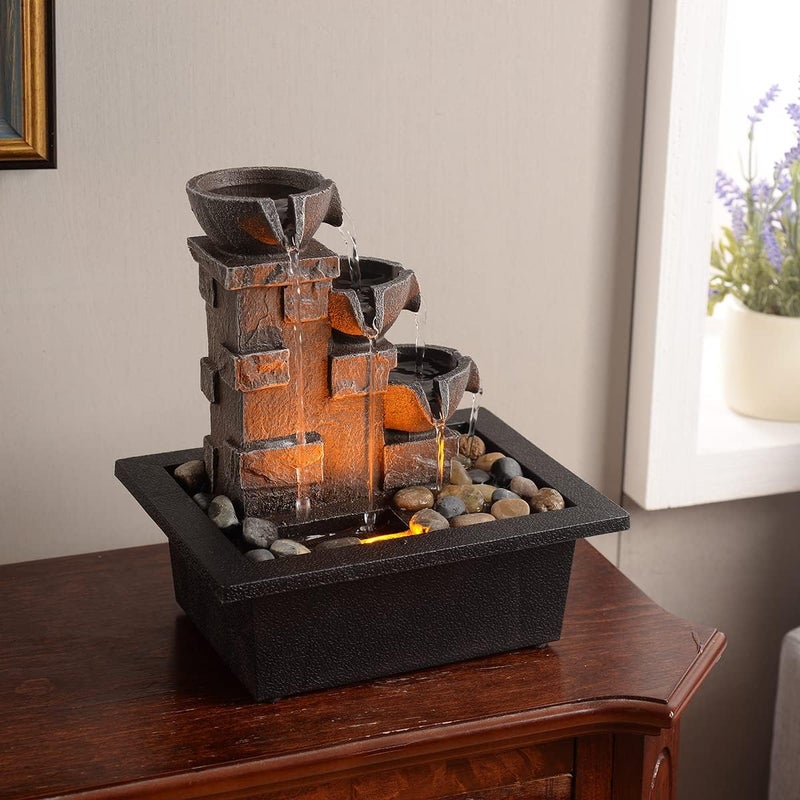 GOSSI Home Dcor Imitation 3Tier Stone Wall Tabletop Fountain Many Natural River Rock Office Relaxing Desktop Zen Waterfall Meditation Tabletop Fountain LED Lights Fountain Christmas Decorations