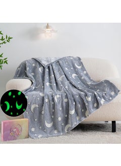 AJUDIYA CREATION Glow in the Dark Moon and Stars Printed Fleece Throw Blanket All Season Multipurpose Polar Printed Assorted Multicolor Light Weight Blanket Single Bed for Kids150 x 200 cm Grey Grey moon 