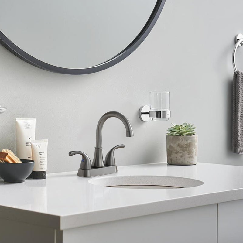 Fransiton Bathroom Sink Faucet Fransiton 4 Inch 2 Handle Lead-Free Brushed Grey Bath Sink Faucet With Pop-Up Drain Stopper And Supply Hoses - Image 5