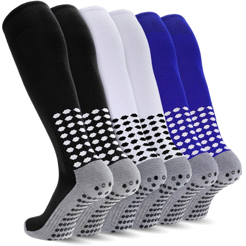 Regilt 3 Pairs Kids Youth Grip Soccer Socks Non Slip Knee High Soccer Football Sport Socks for Boys Girls Age 817 US Alpha Large Regular Regular BlackWhiteBlue - Image 2