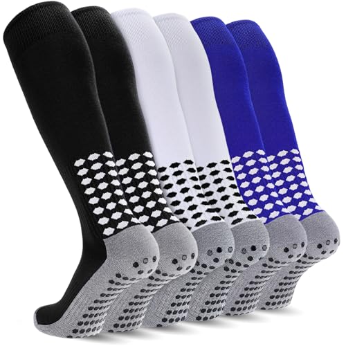 Regilt 3 Pairs Kids Youth Grip Soccer Socks Non Slip Knee High Soccer Football Sport Socks for Boys Girls Age 817 US Alpha Large Regular Regular BlackWhiteBlue - Image 1