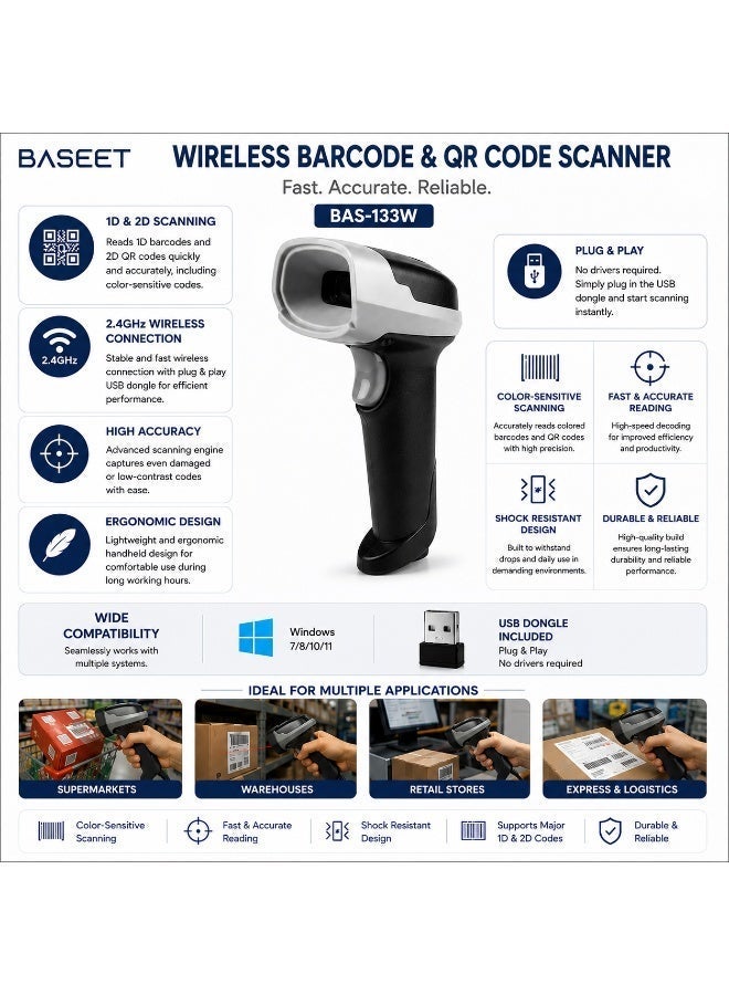 BASEET Wireless 2.4GHz Handheld QR & Barcode Scanner for POS and Warehouse BAS-133W - Image 3
