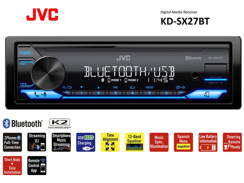 JVC KD-SX27BT Car Stereo with Bluetooth, 100W Digital Media Receiver, 1.5A USB to Charge Devices, Single DIN Head Unit, AM/FM, Aux-in, JVC Remote App - Image 2
