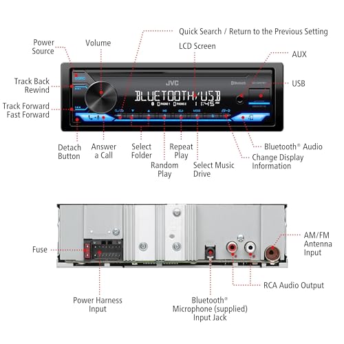 JVC KD-SX27BT Car Stereo with Bluetooth, 100W Digital Media Receiver, 1.5A USB to Charge Devices, Single DIN Head Unit, AM/FM, Aux-in, JVC Remote App - Image 3