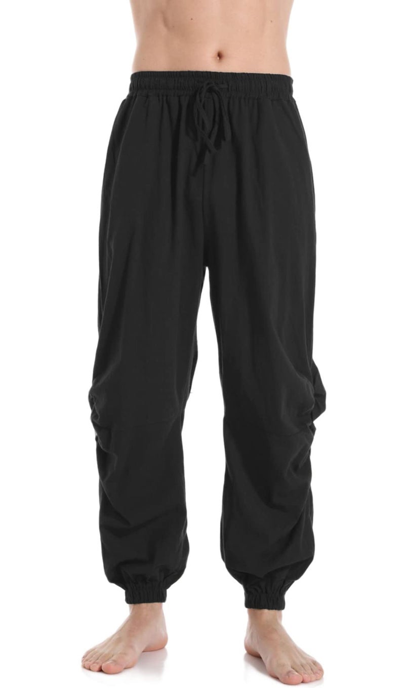 PACEIADTA Mens Cotton Linen Drawstring Pants Elastic Waist Casual Jogger Yoga Pants (32, Black) - Image 2
