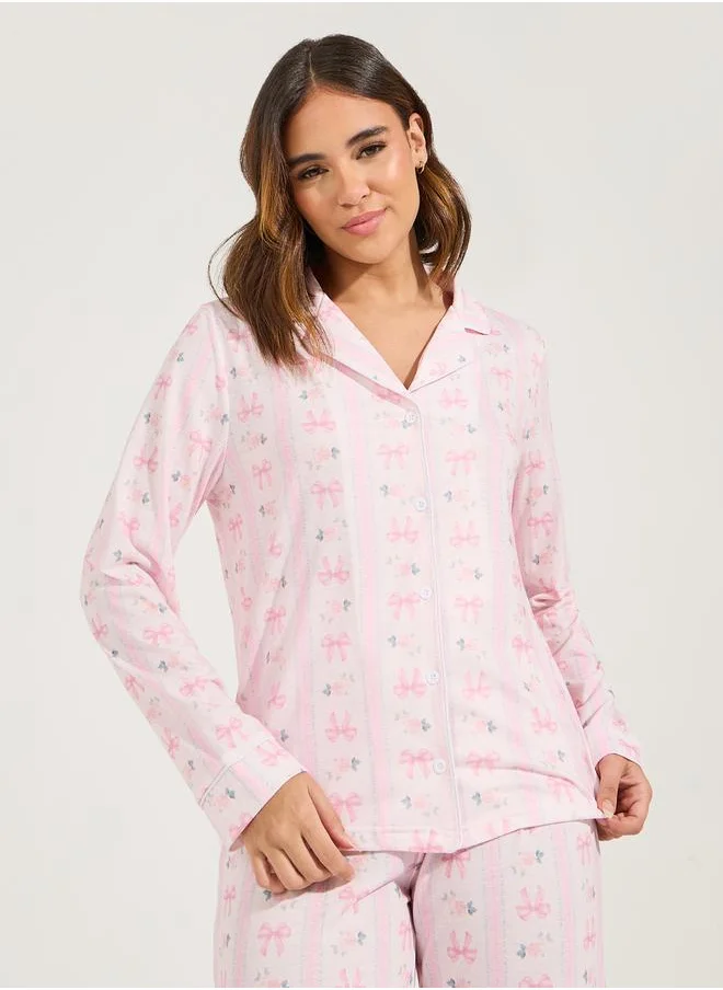 Styli Linear Bow Print Long Sleeve Shirt & Pyjama Set