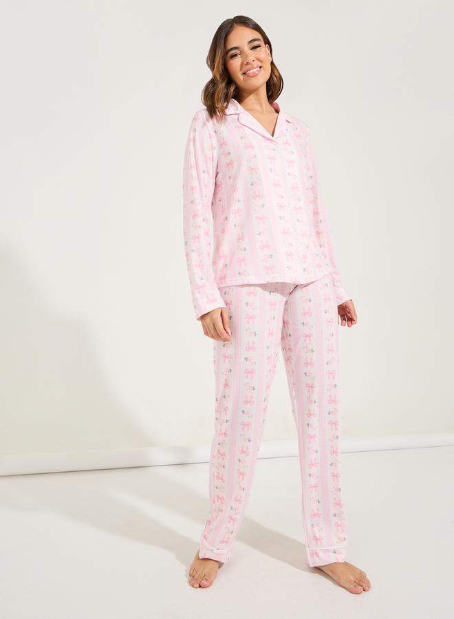 Styli Linear Bow Print Long Sleeve Shirt & Pyjama Set  - Image 2