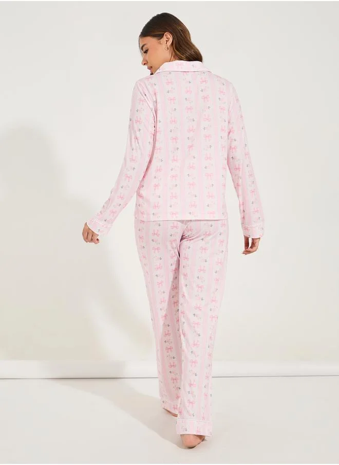 Styli Linear Bow Print Long Sleeve Shirt & Pyjama Set