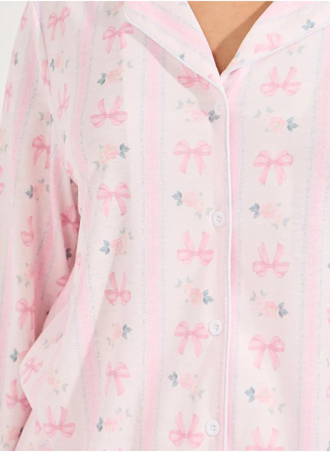 Styli Linear Bow Print Long Sleeve Shirt & Pyjama Set