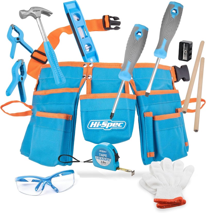 Hi-Spec 16 Piece Kid's Blue Tool Kit Set with Tool Belt - Real Metal DIY Hand Tools for Children - Image 1