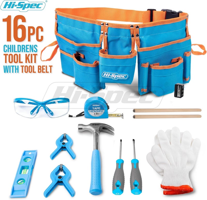 Hi-Spec 16 Piece Kid's Blue Tool Kit Set with Tool Belt - Real Metal DIY Hand Tools for Children - Image 2