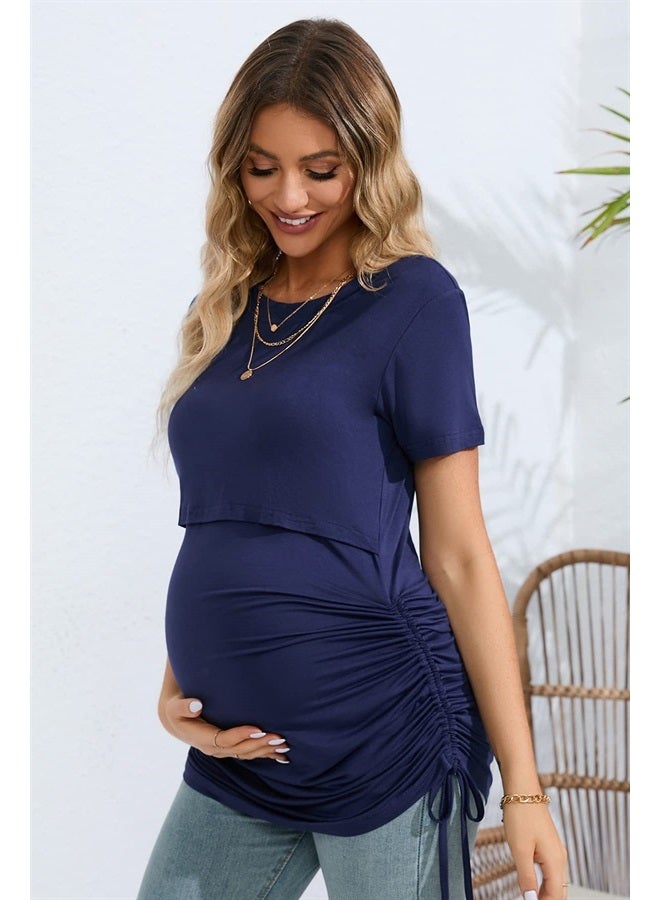 Sosolism 4 in 1 Women's Maternity Nursing T-Shirt Dress for Breastfeeding Solid Short Sleeve Top Dark Blue - Image 2