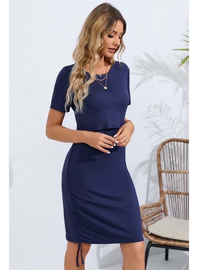 Sosolism 4 in 1 Women's Maternity Nursing T-Shirt Dress for Breastfeeding Solid Short Sleeve Top Dark Blue - Image 3