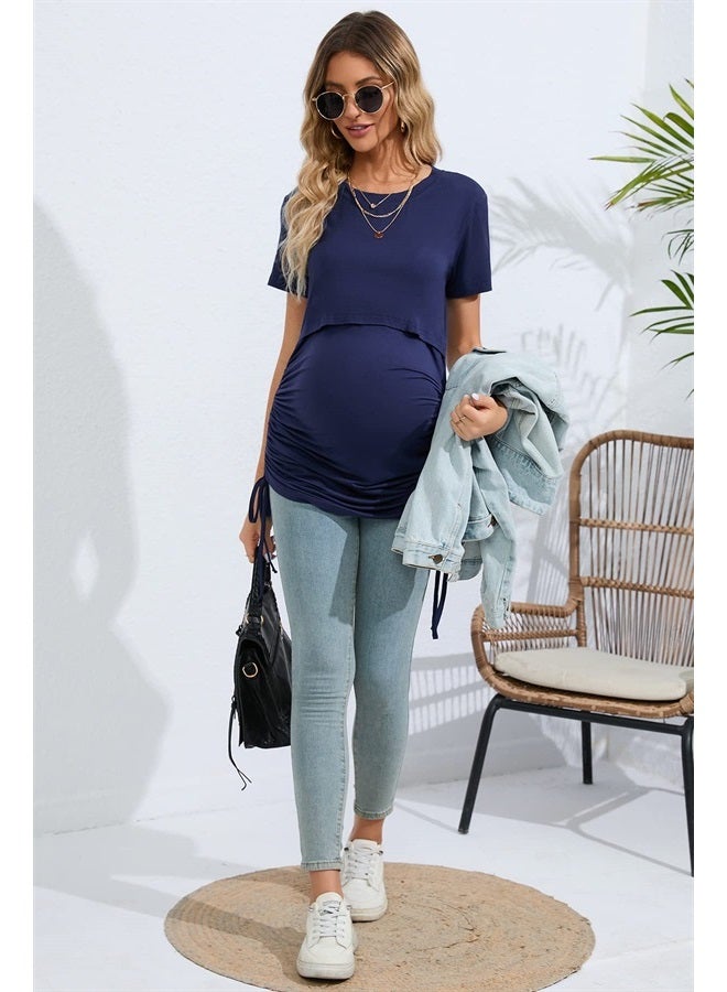 Sosolism 4 in 1 Women's Maternity Nursing T-Shirt Dress for Breastfeeding Solid Short Sleeve Top Dark Blue - Image 5