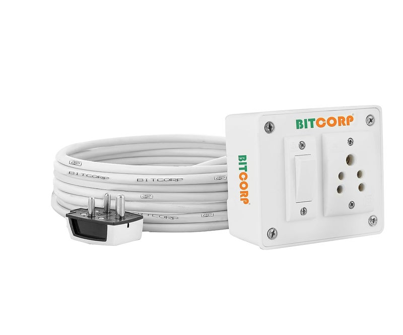 Bitcorp Extension Board Small and Heavy Duty Junction Box 6A 10A 1 Way Socket 1 Switch 2000 Load Capacity High Voltage with Thermal Protection Surge Control 25 Meter Long Cable Cord White - Image 1