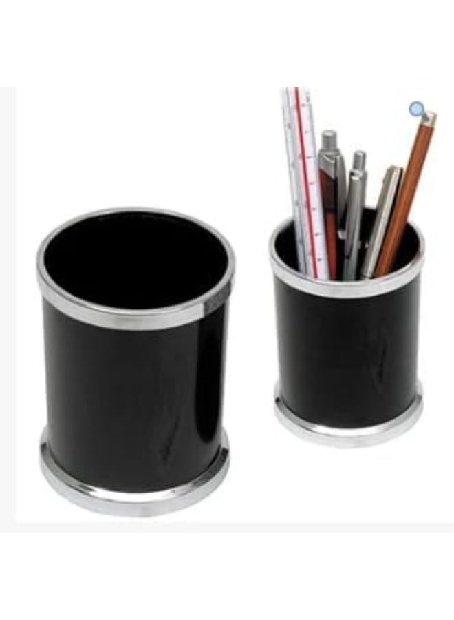 Desk Pen Holder, Writing Instrument Organizer, Barrel Design, Black with Silver Trim, Versatile for Office, Home or School Use for Organizing Pens, Scissors, Rulers and Other Tools - Image 3