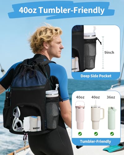WANDF Swim Bag with Wet Pockets, Sandproof Beach Backpack with 40oz Tumbler Side Pockets, Mesh Drawstring Backpack Swim Bag for Swimming, Pool, Gym and Workout Gear (Black) - Image 2