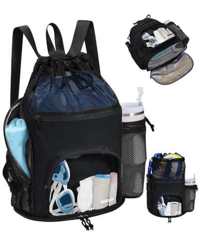 WANDF Swim Bag with Wet Pockets, Sandproof Beach Backpack with 40oz Tumbler Side Pockets, Mesh Drawstring Backpack Swim Bag for Swimming, Pool, Gym and Workout Gear (Black) - Image 1