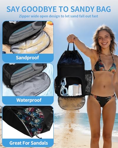 WANDF Swim Bag with Wet Pockets, Sandproof Beach Backpack with 40oz Tumbler Side Pockets, Mesh Drawstring Backpack Swim Bag for Swimming, Pool, Gym and Workout Gear (Black) - Image 4