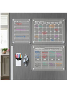 ESSEN 3 Acrylic Magnetic Planners Monthly Weekly Daily Family Planner Set of 3 Magnetic Calendars for Fridge 8 Markers, 1 Towel Eraser, Clear Planner Board for Home Office  - Image 1