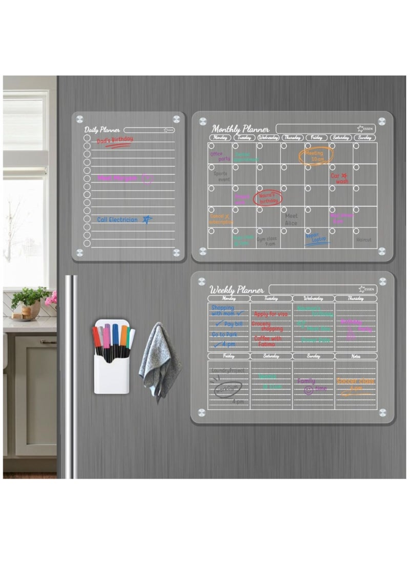 ESSEN 3 Acrylic Magnetic Planners Monthly Weekly Daily Family Planner Set of 3 Magnetic Calendars for Fridge 8 Markers, 1 Towel Eraser, Clear Planner Board for Home Office  - Image 1