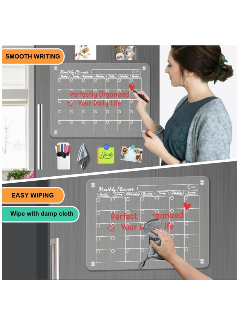 ESSEN 3 Acrylic Magnetic Planners Monthly Weekly Daily Family Planner Set of 3 Magnetic Calendars for Fridge 8 Markers, 1 Towel Eraser, Clear Planner Board for Home Office  - Image 5