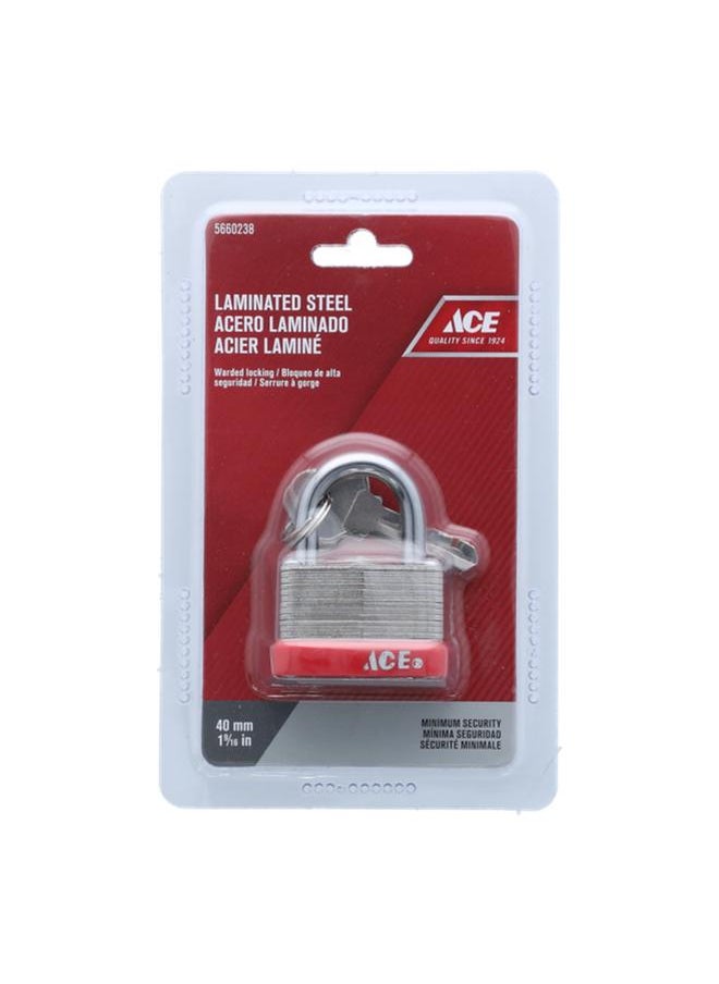 ACE Laminated Steel Padlock with Key Silver and Red 40mm 