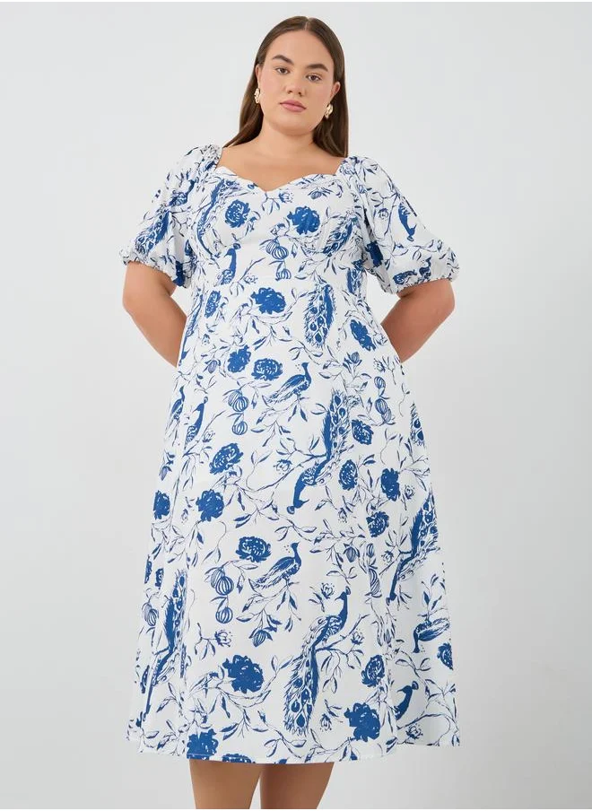 Styli Styli Plus Size Puff Sleeve Printed Midi Dress