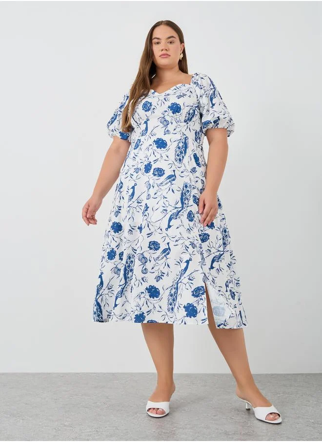Styli Styli Plus Size Puff Sleeve Printed Midi Dress