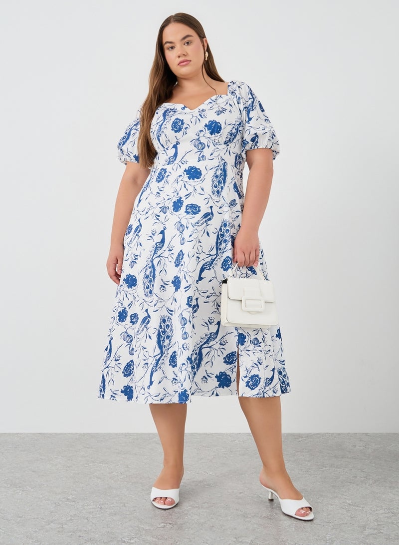 Styli Styli Plus Size Puff Sleeve Printed Midi Dress  - Image 2
