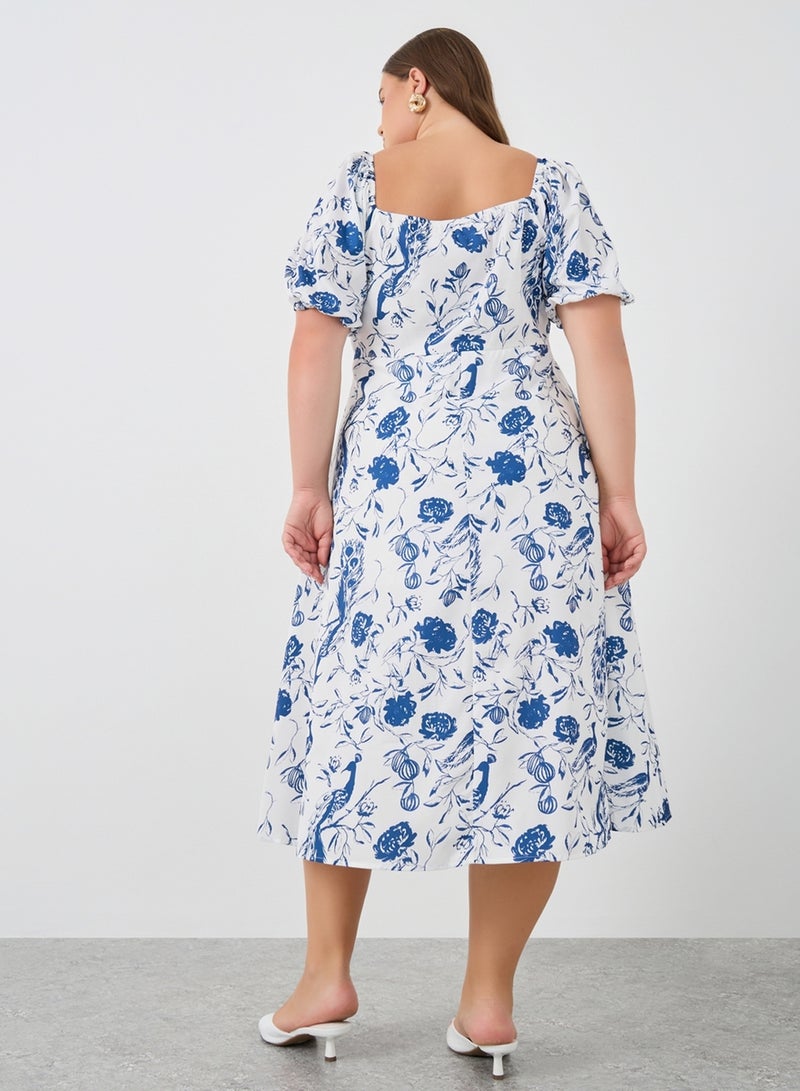 Styli Styli Plus Size Puff Sleeve Printed Midi Dress  - Image 3