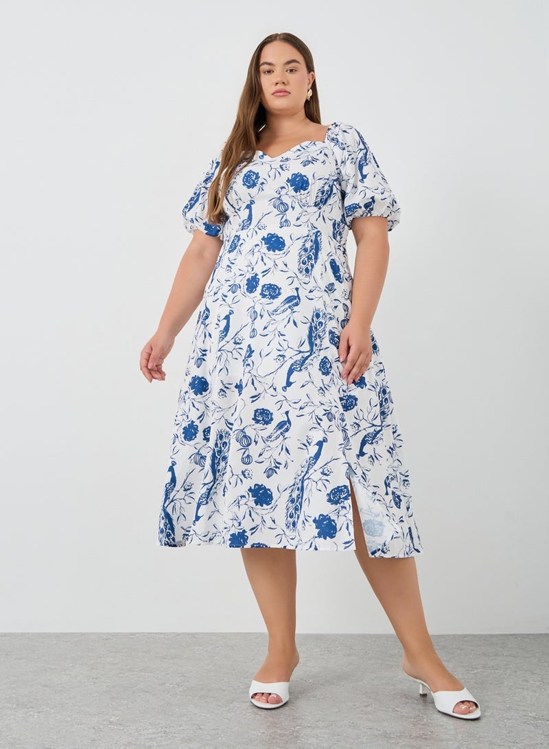 Styli Styli Plus Size Puff Sleeve Printed Midi Dress  - Image 5
