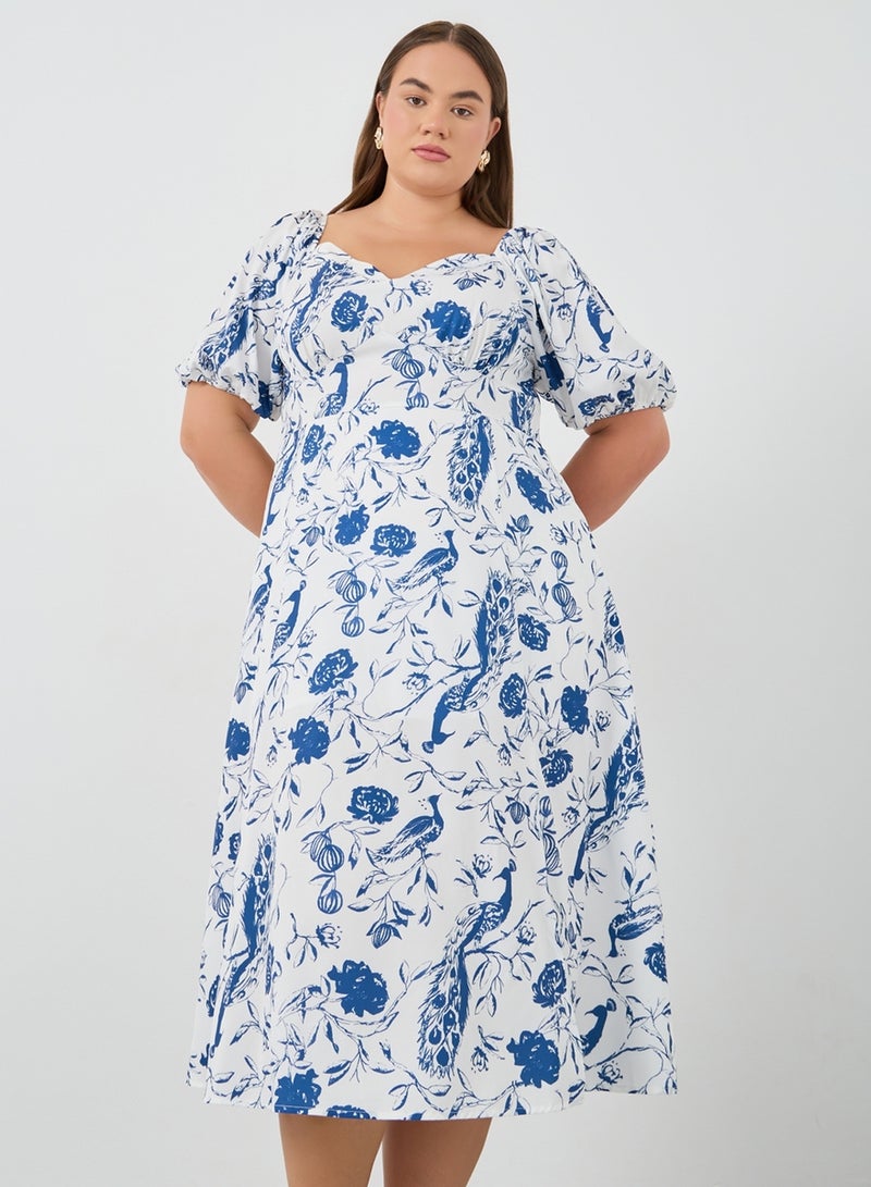 Styli Styli Plus Size Puff Sleeve Printed Midi Dress  - Image 1