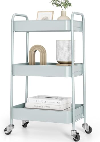TOOLF 3Tier Metal Rolling Cart with Wheels Storage Utility Organizer Cart for Kitchen Bathroom Office Baby Essentials  Makeup  Lockable Casters Easy Assembly 132 lbs Capacity Green
