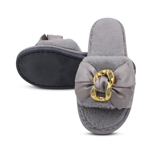 VRITRAZ Classy Fur Bow Design Comfortable | Anti Skid | Lightweight Winter Slipper For Girls and Womens, Warm House Chappal (Color-Grey, Size-8) - Image 2