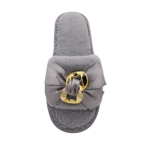 VRITRAZ Classy Fur Bow Design Comfortable | Anti Skid | Lightweight Winter Slipper For Girls and Womens, Warm House Chappal (Color-Grey, Size-8) - Image 5