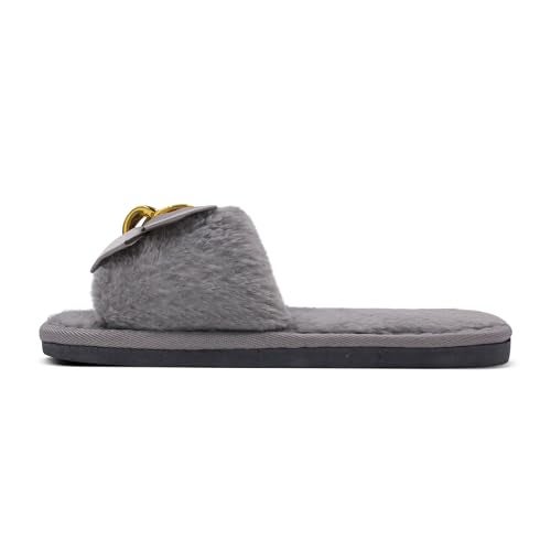 VRITRAZ Classy Fur Bow Design Comfortable | Anti Skid | Lightweight Winter Slipper For Girls and Womens, Warm House Chappal (Color-Grey, Size-8) - Image 4