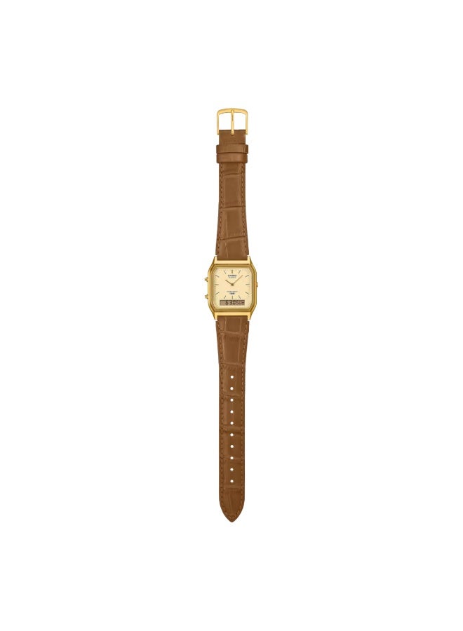CASIO AQ‑230EGL‑9A Vintage Analog‑Digital Unisex Watch, 38.8 mm Gold Dial & Case, Genuine Brown Leather Strap, Water‑Resistant - Image 3