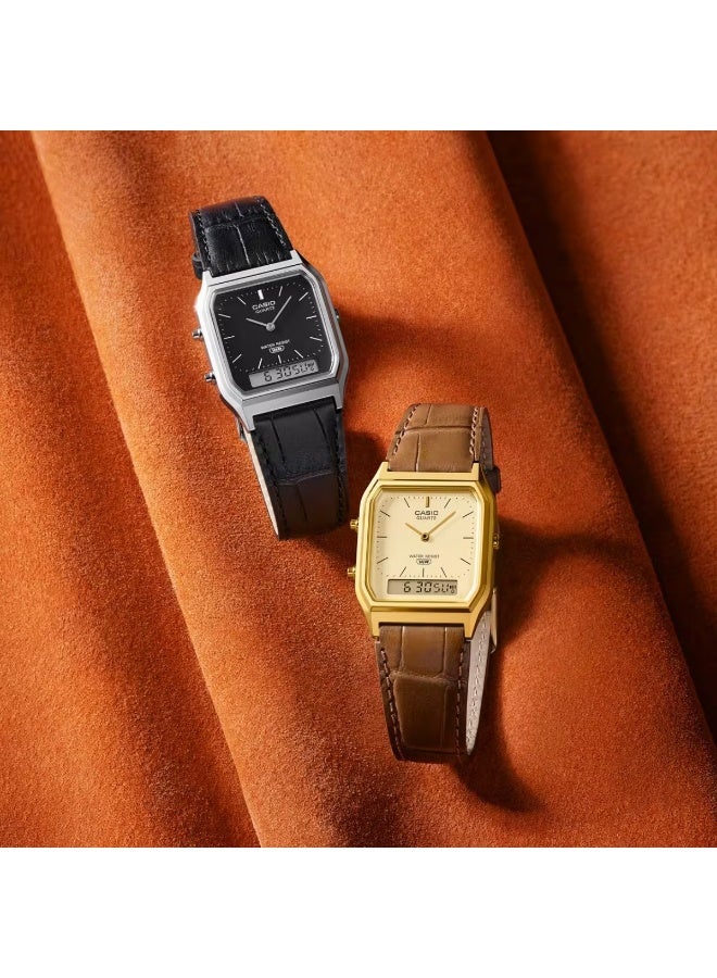 CASIO AQ‑230EGL‑9A Vintage Analog‑Digital Unisex Watch, 38.8 mm Gold Dial & Case, Genuine Brown Leather Strap, Water‑Resistant - Image 2