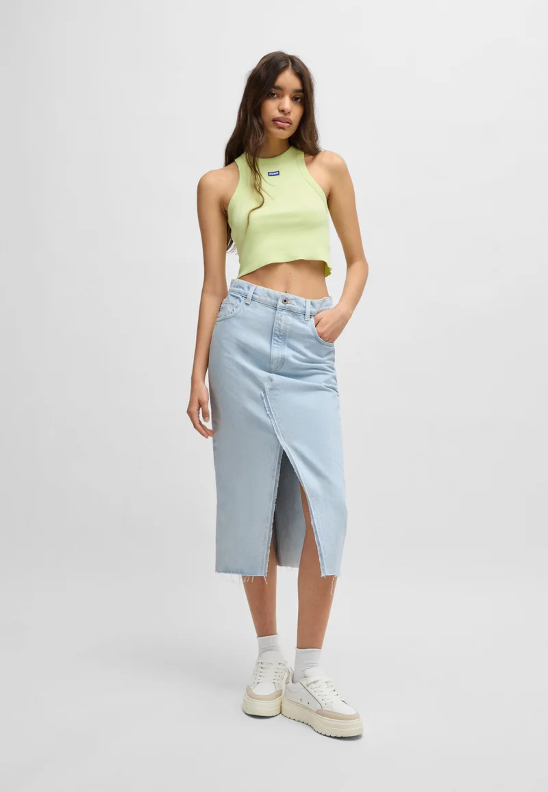 HUGO Midi skirt in blue denim with frayed hem