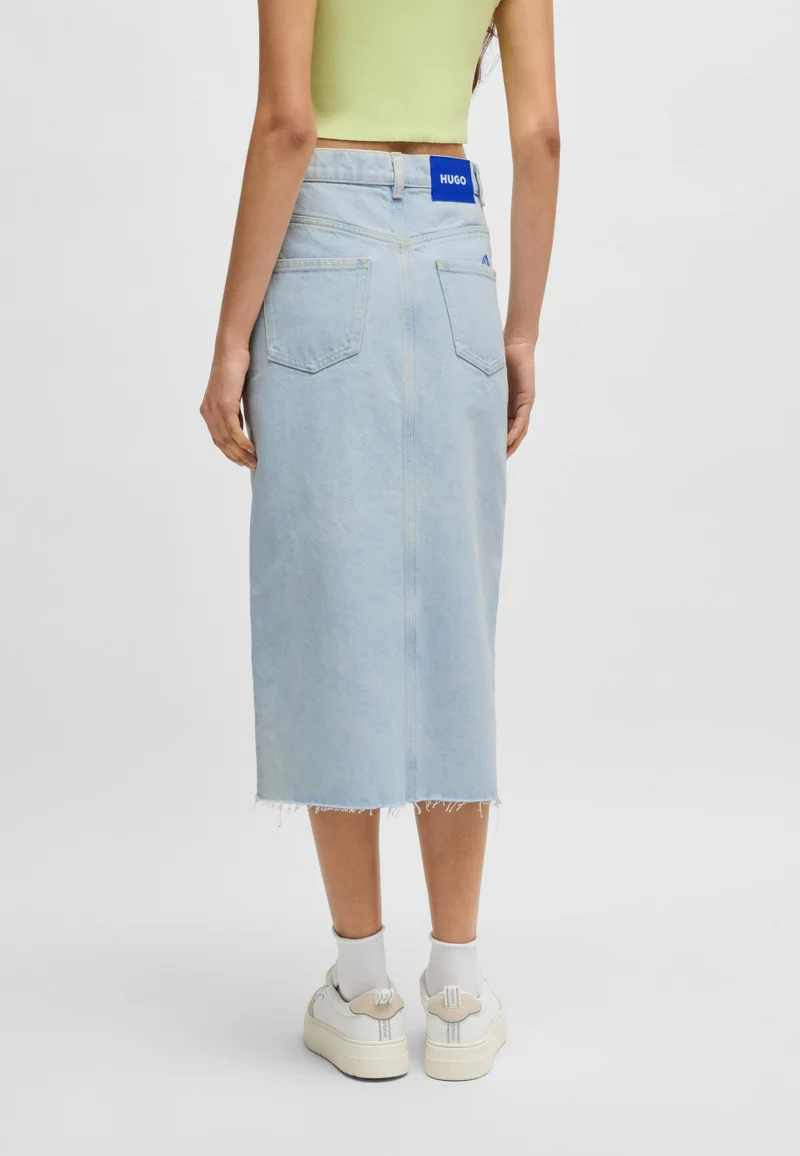 هوجو Midi skirt in blue denim with frayed hem