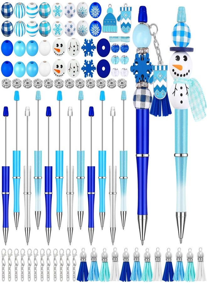Vellibring 12 Set Christmas Beadable Pens Plastic Bead Pens Winter Snowman Blue Bulk Ballpoint DIY Crafting Pens Making Kit with Pendants Lobster Clasps for Students Teens School Office Supplies - Image 1