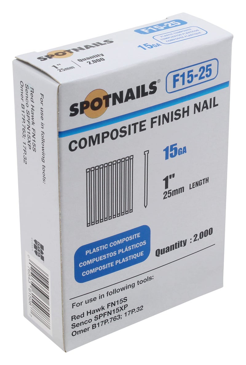 Spot Nails Spotnails F15-25 15GA 1" Plastic Composite Finish Nail, 2000ct - Image 2