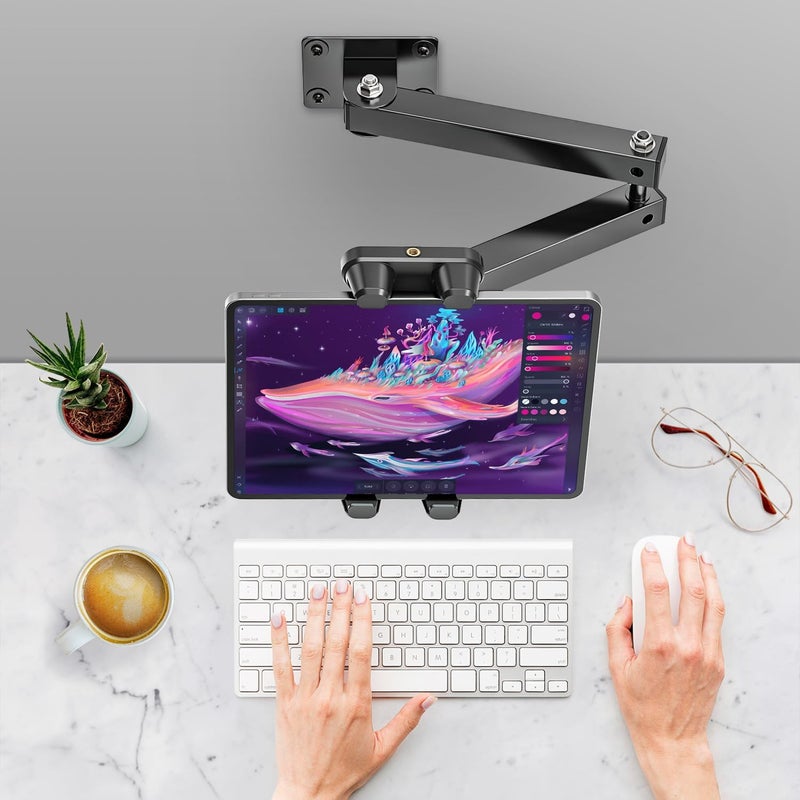 Baishun Foldable Tablet Wall Mount Holder, 360° Rotation Tablet Holder Stand with Adjustable Extension Arm, Sturdy Metal Base, Kitchen Wall Mount Bracket Holder for All 4.7-12.9 Inch Tablet & Phones - Image 5