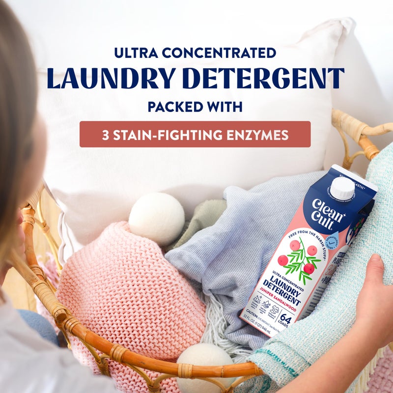 Cleancult Ultra Concentrated Liquid Laundry Detergent Soap, 64 loads (32 oz), Long Lasting Scent, 90% Less Plastic, No Harsh Chemicals, Juniper Sandalwood, Defeats Stains & Odors, HE/Standard Compatible - Image 3
