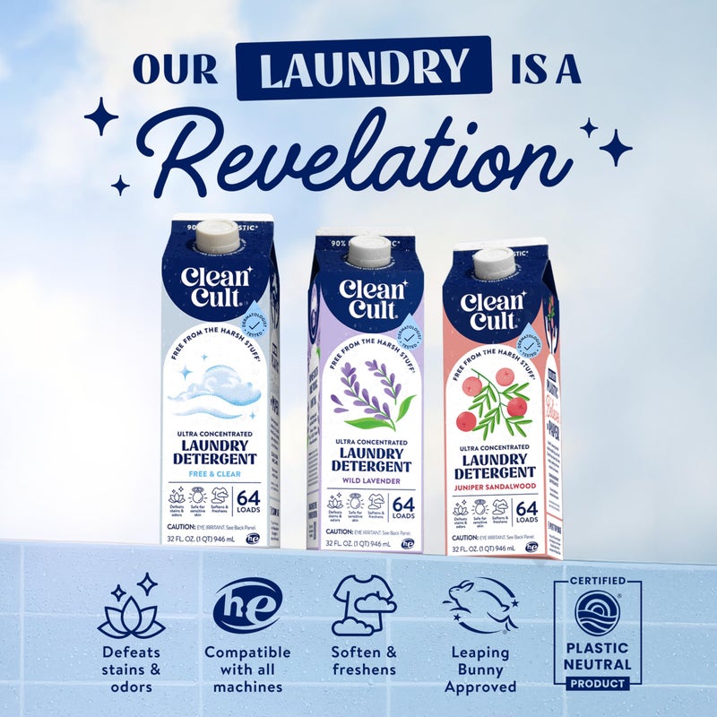 Cleancult Ultra Concentrated Liquid Laundry Detergent Soap, 64 loads (32 oz), Long Lasting Scent, 90% Less Plastic, No Harsh Chemicals, Juniper Sandalwood, Defeats Stains & Odors, HE/Standard Compatible - Image 2