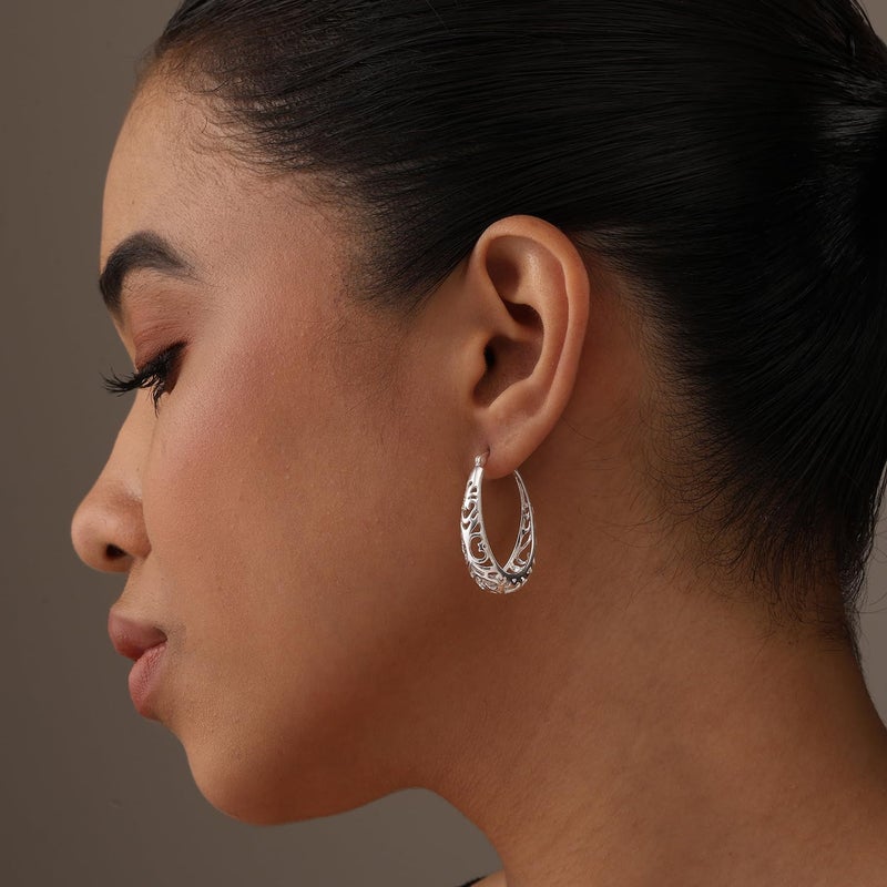 LeCalla Sterling Silver Earring Hoops for Women | Filigree Earrings | 925 Silver Hoop Earrings | Women's Filigree Hoop Earrings | 925 Silver Italian Hoops Earring | Medium Oval Hoop for Women - 32mm - Image 2